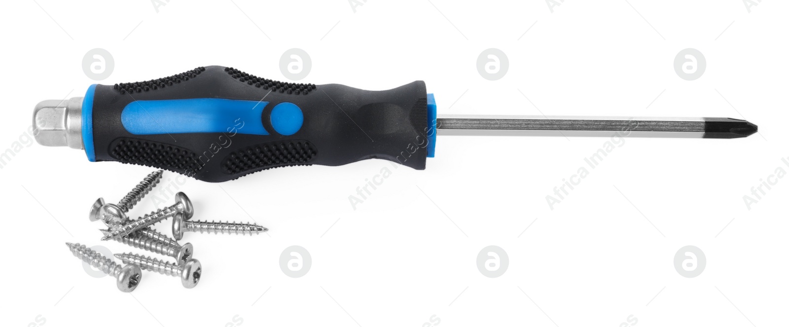 Photo of Screwdriver with black handle and screws isolated on white, top view