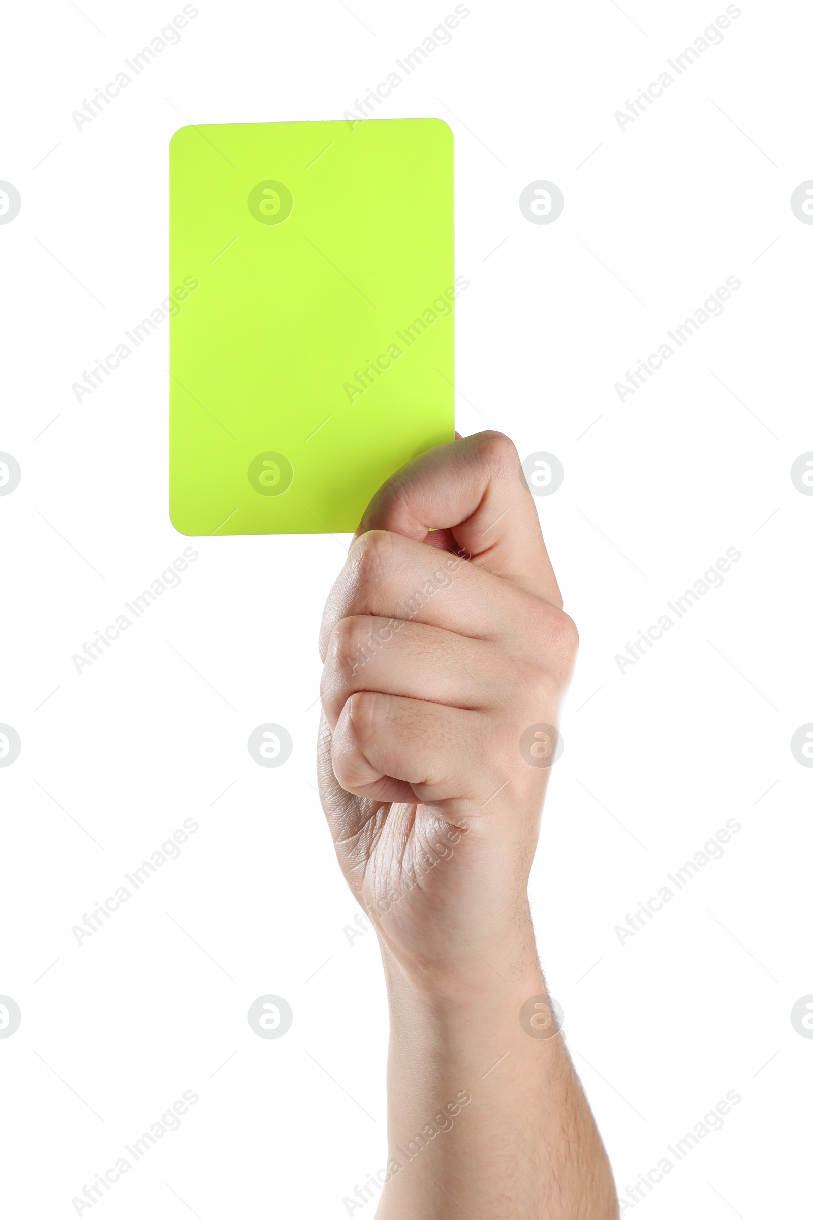 Photo of Referee holding yellow card on white background, closeup