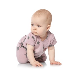 Cute little baby crawling on white background