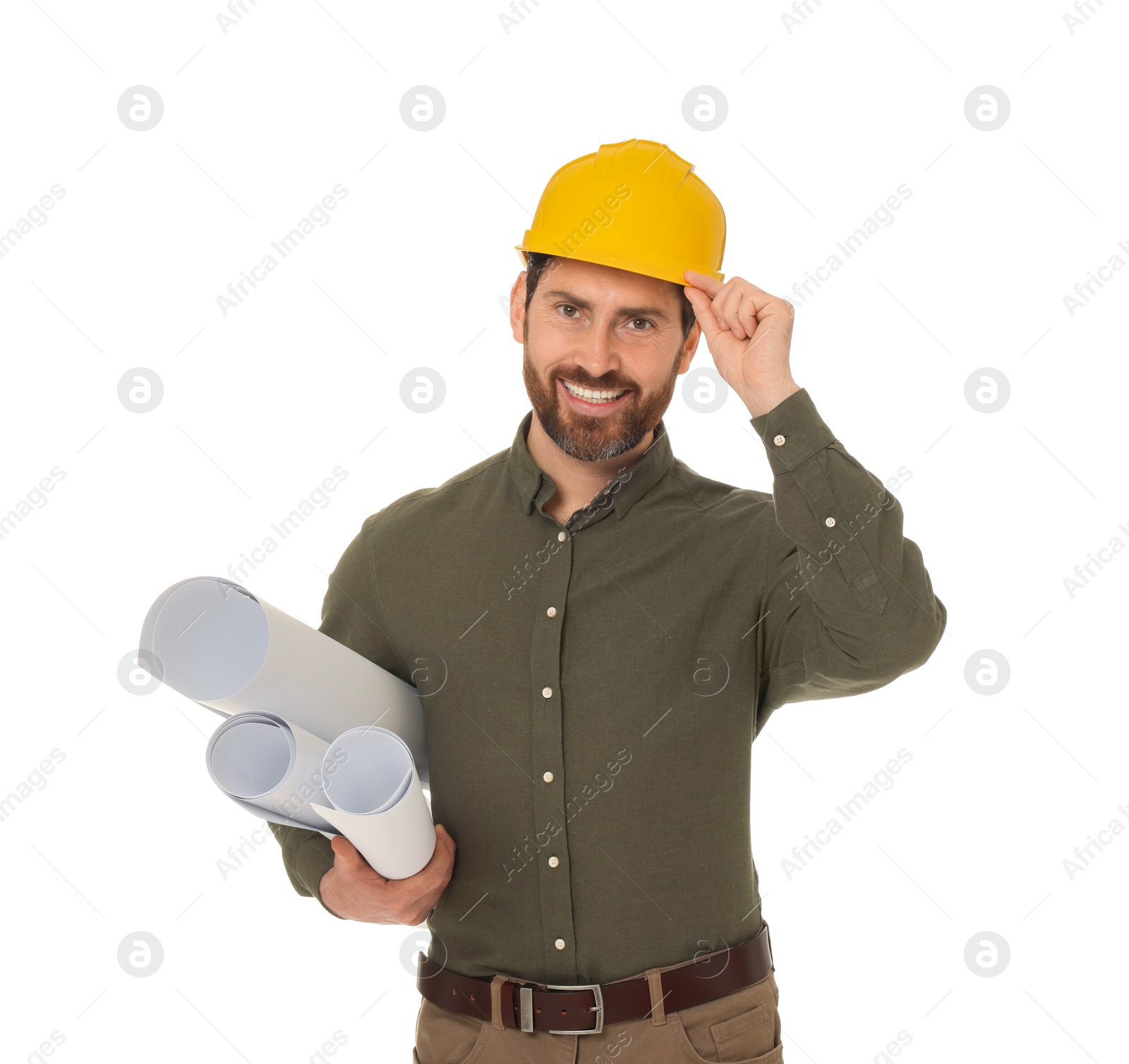 Photo of Architect in hard hat with drafts on white background