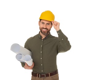 Photo of Architect in hard hat with drafts on white background