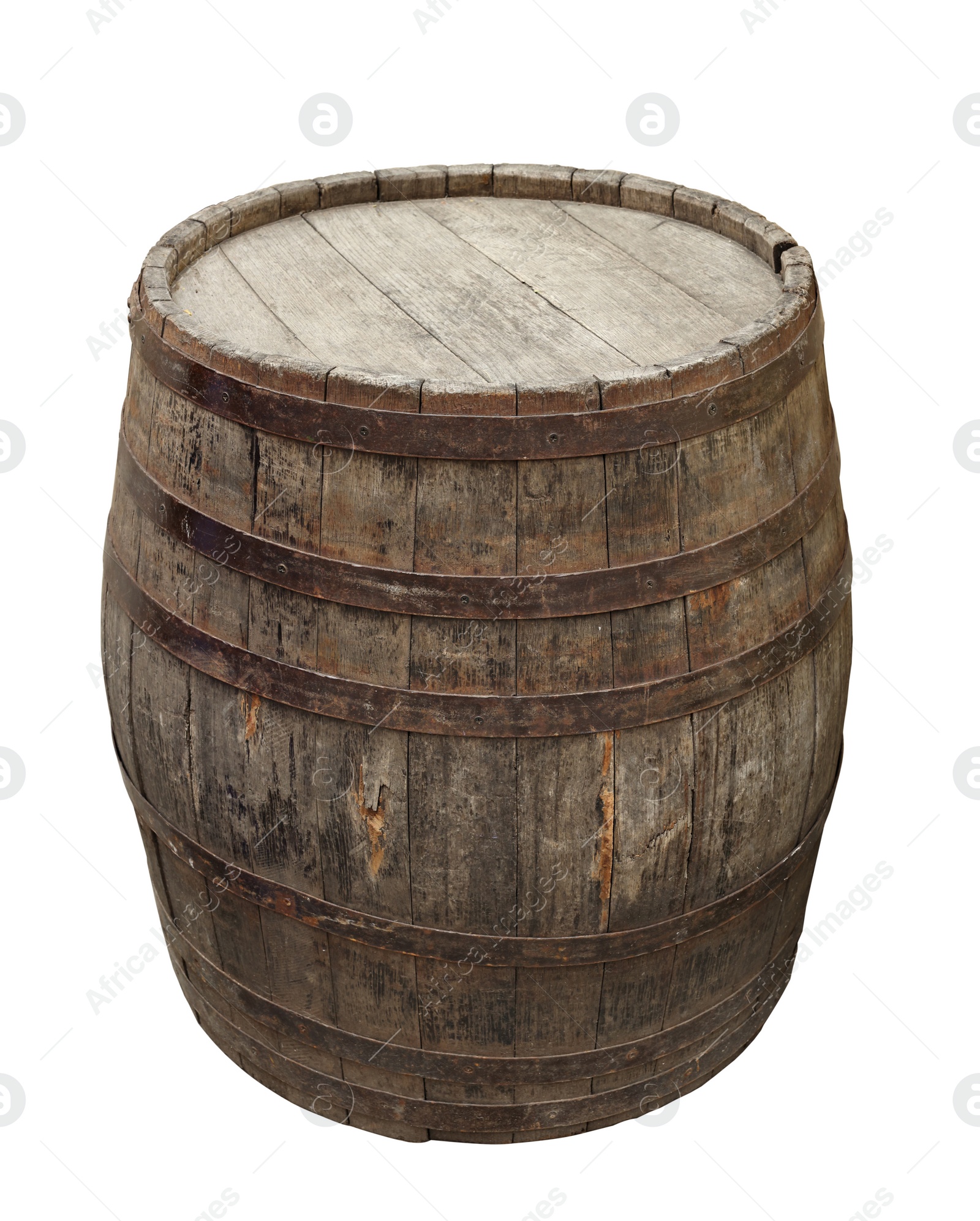 Image of One wooden barrel with metal hoops isolated on white