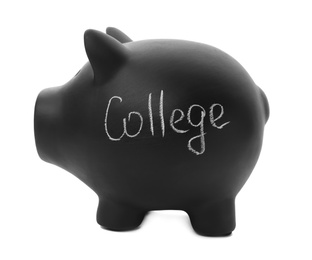 Photo of Black piggy bank with word COLLEGE on white background