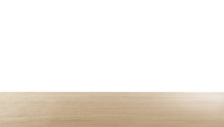 Stylish wooden table top against white background