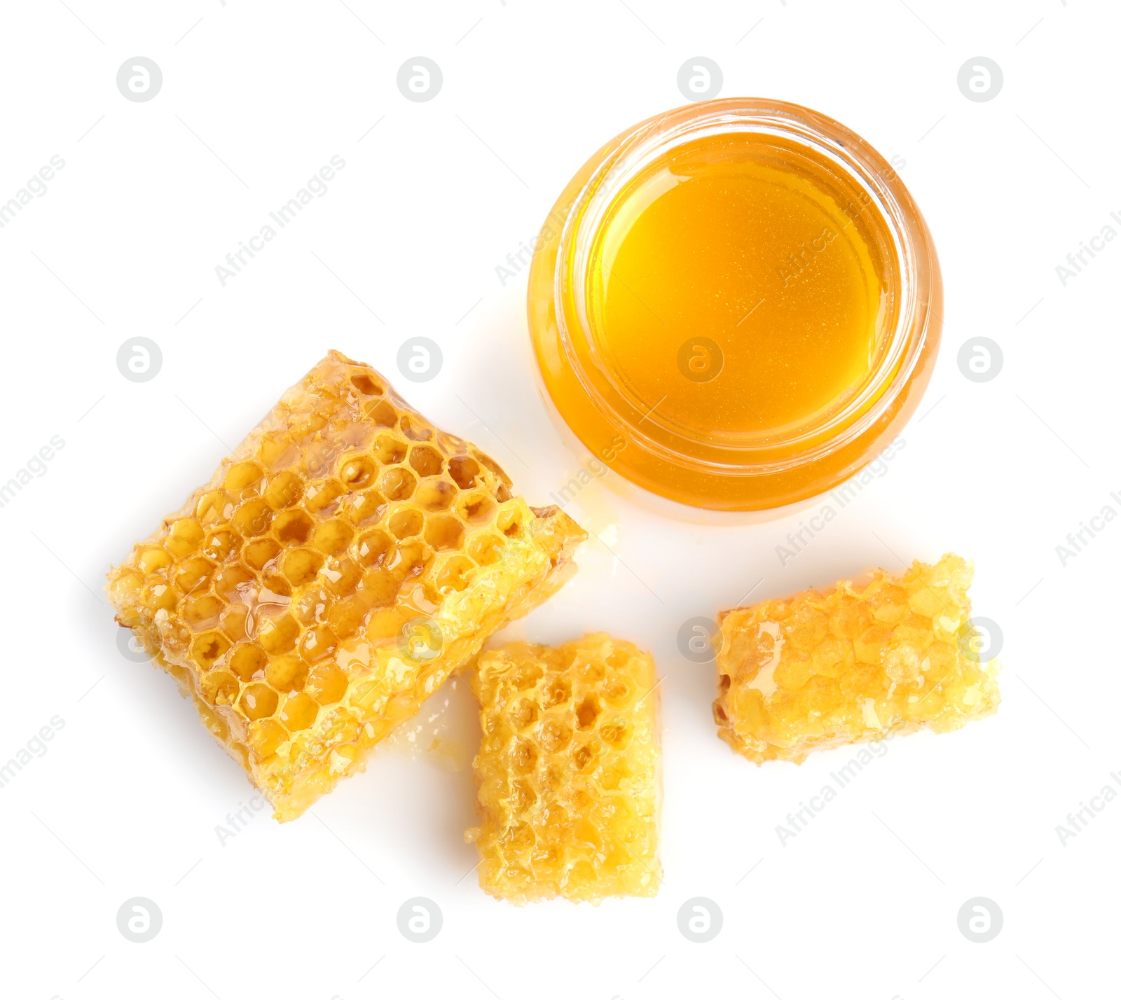 Photo of Composition with fresh honey on white background, top view