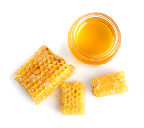 Photo of Composition with fresh honey on white background, top view