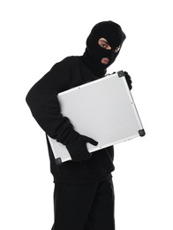 Thief in balaclava with briefcase of money on white background