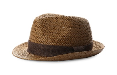 Stylish brown straw hat isolated on white