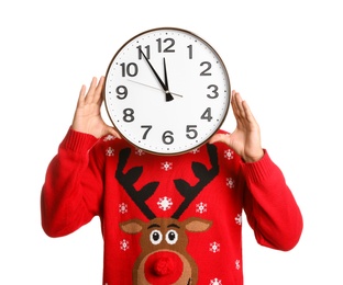 Man with clock on white background. Christmas countdown