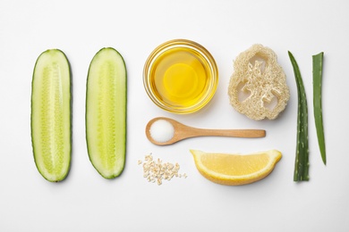 Composition with ingredients for handmade face mask on white background, top view