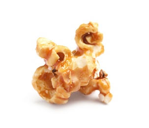 Photo of Delicious caramel popcorn on white background