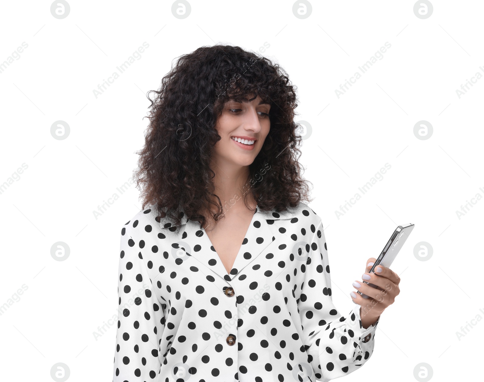 Photo of Happy woman sending message via smartphone isolated on white