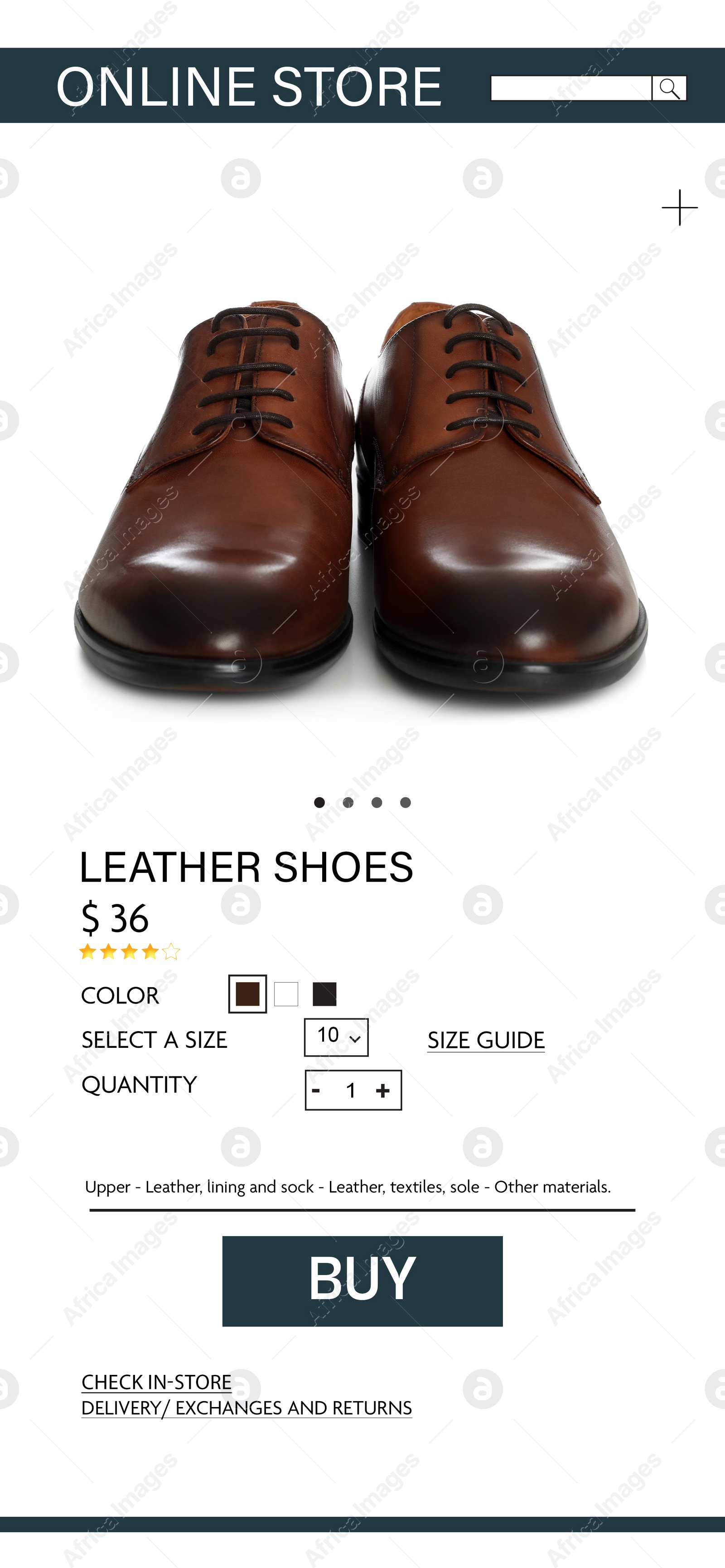 Image of Online store website page with stylish shoes and information. Image can be pasted onto smartphone screen