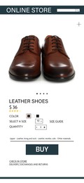Image of Online store website page with stylish shoes and information. Image can be pasted onto smartphone screen