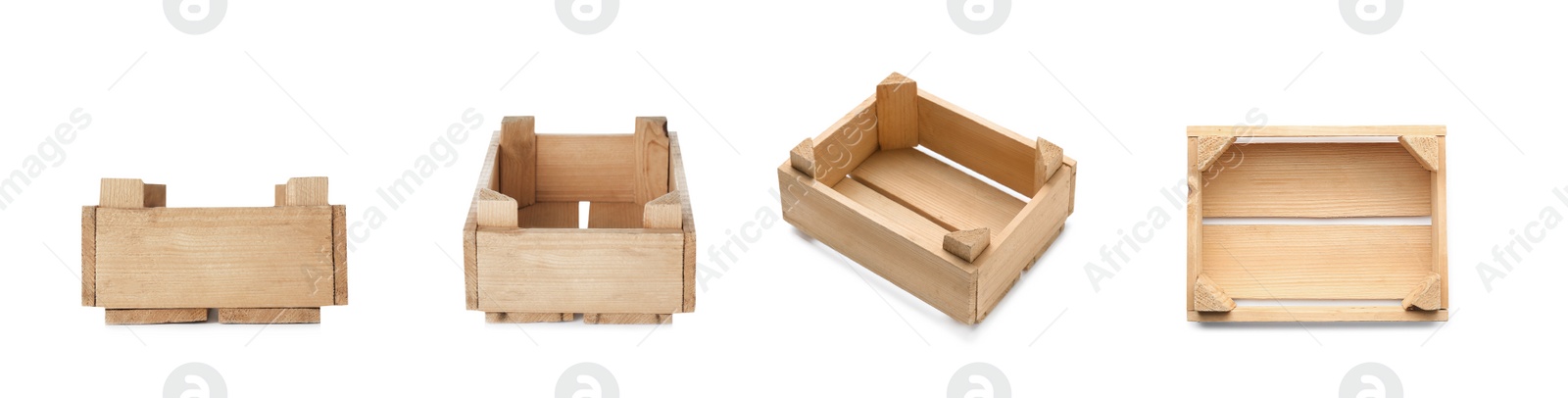 Image of Set of wooden crates on white background. Banner design 