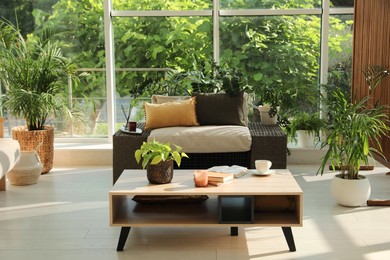 Photo of Indoor terrace interior with modern furniture and houseplants