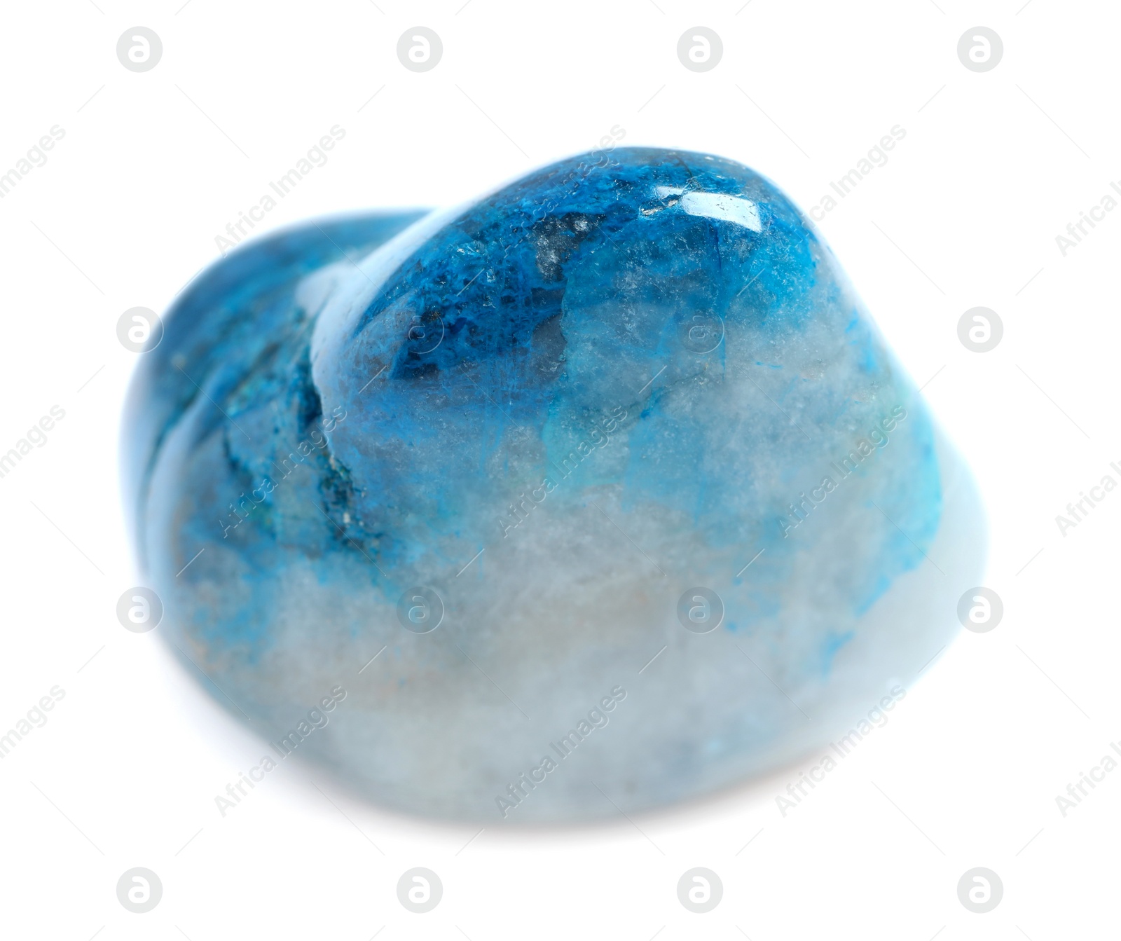 Photo of Beautiful blue shattuckite gemstone on white background