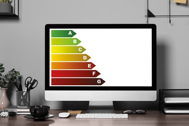 Energy efficiency rating on display. Workplace with modern computer