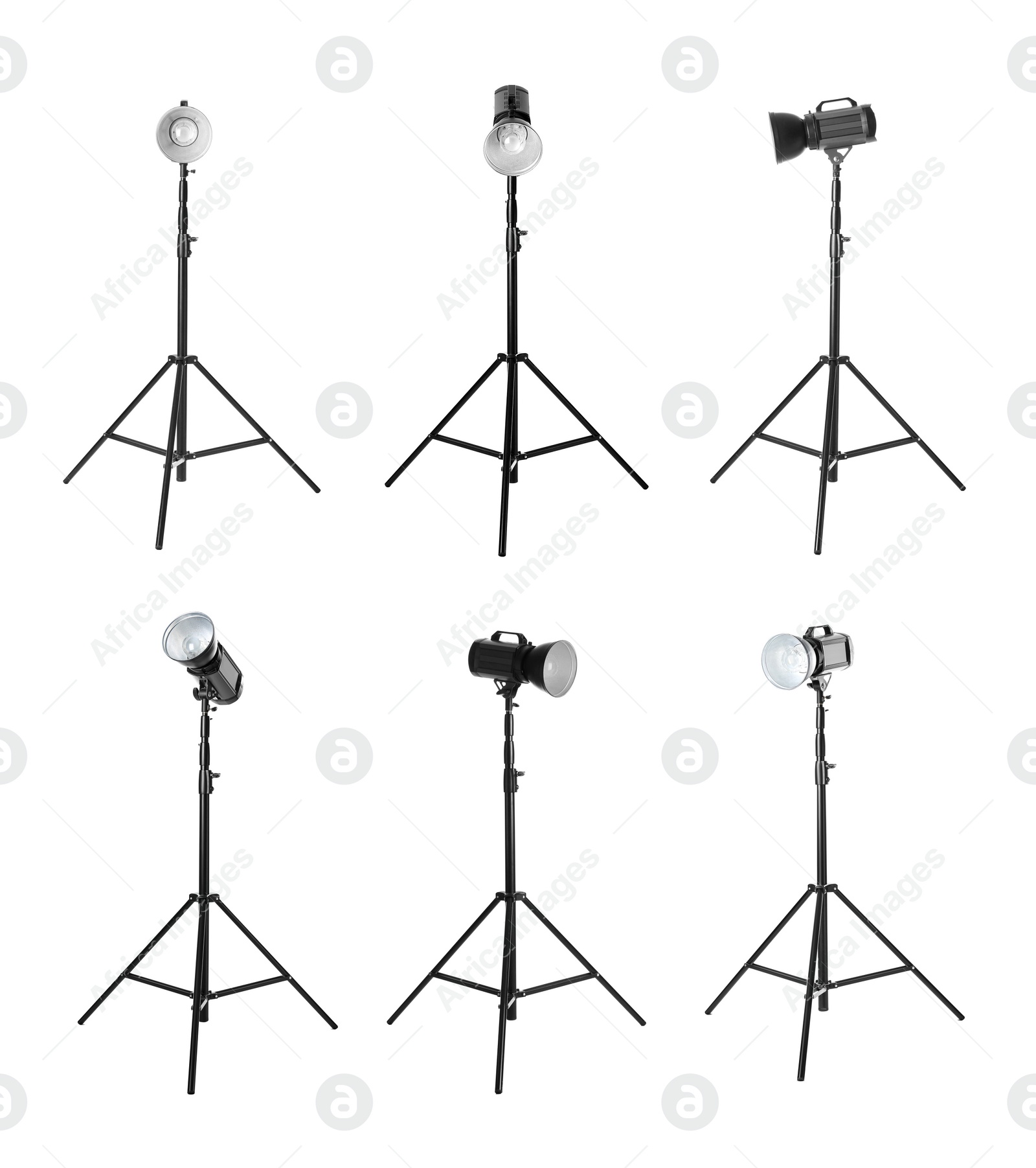 Image of Set with studio flash lights on tripods against n white background