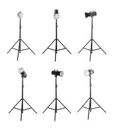 Image of Set with studio flash lights on tripods against n white background