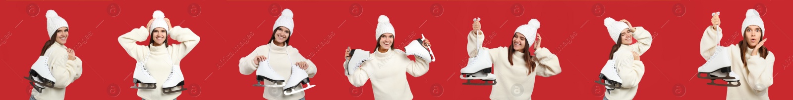 Image of Collage with photos of woman with ice skates on red background, banner design