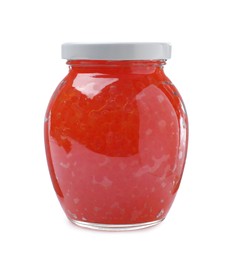 Photo of Glass jar with delicious red caviar isolated on white