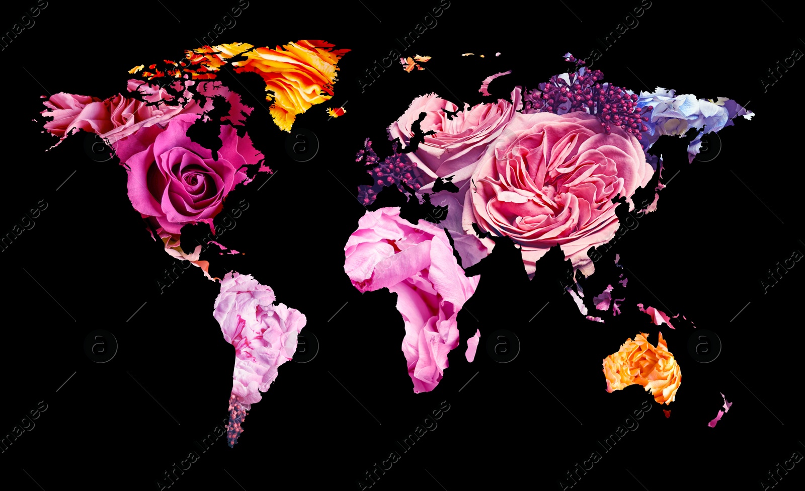 Image of World map made of beautiful flowers on black background, banner design