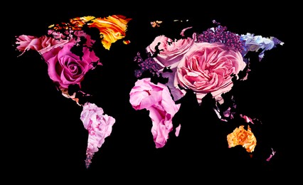 Image of World map made of beautiful flowers on black background, banner design