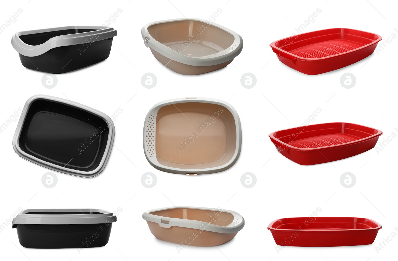 Image of Set with different cat litter trays on white background, view from different sides
