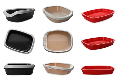Set with different cat litter trays on white background, view from different sides