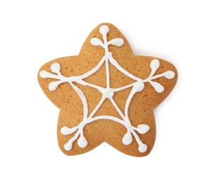 Photo of Tasty star shaped Christmas cookie with icing isolated on white, top view