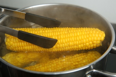 Taking fresh corn cob from pot with hot water on stove