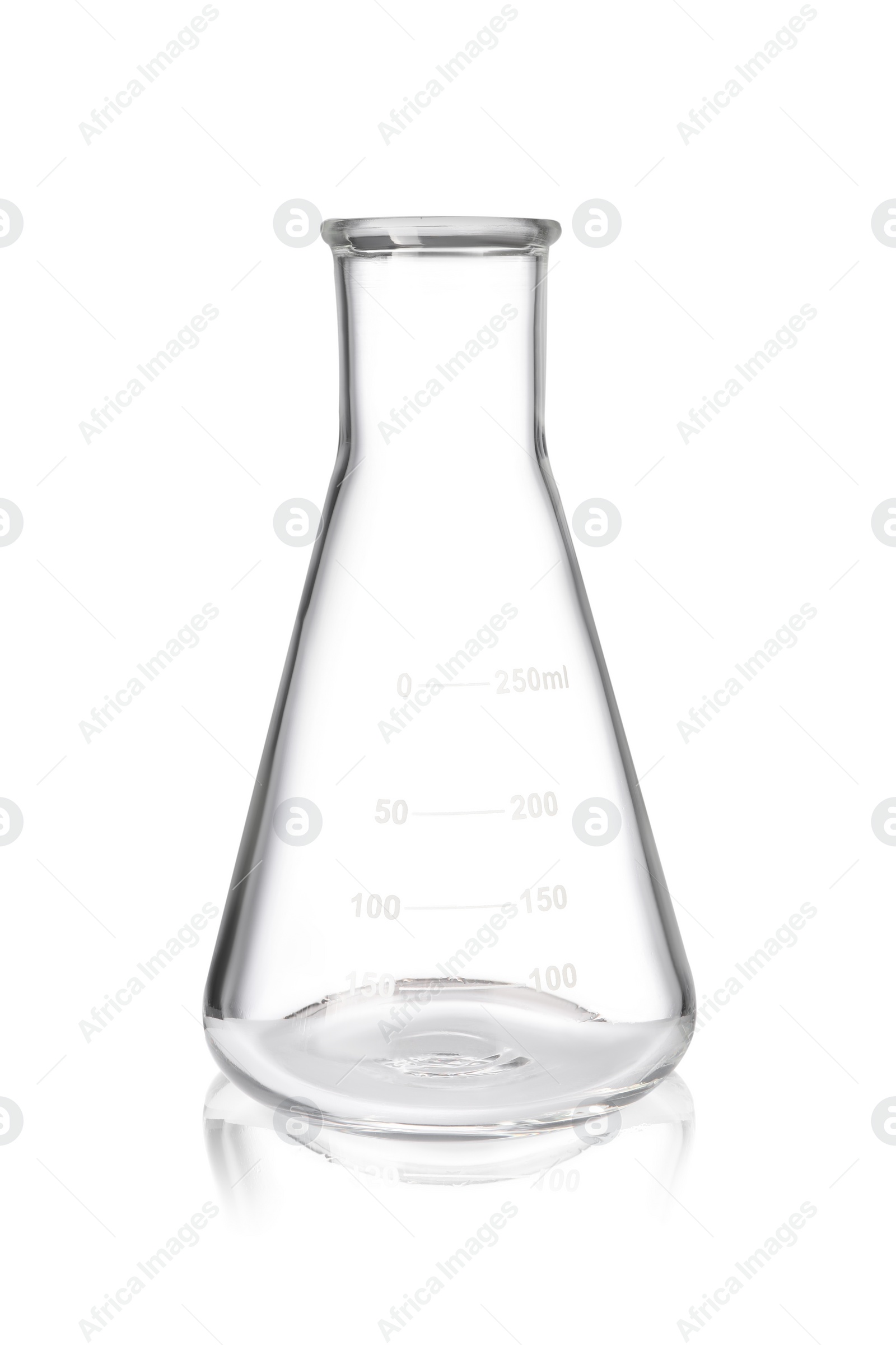 Photo of One empty laboratory flask isolated on white