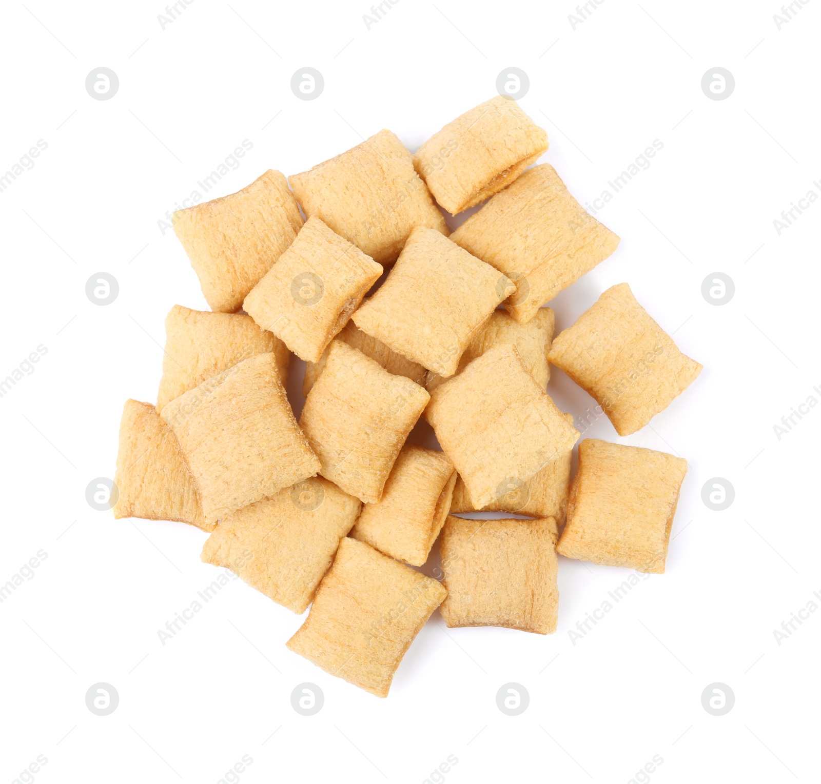 Photo of Pile of tasty corn pads on white background, top view. Healthy breakfast cereal