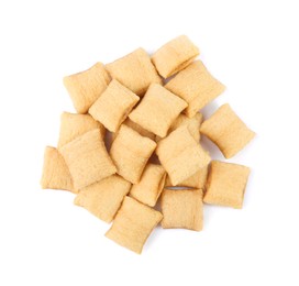 Pile of tasty corn pads on white background, top view. Healthy breakfast cereal