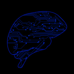 Illustration of Machine learning concept.  brain and circuit board pattern on black background