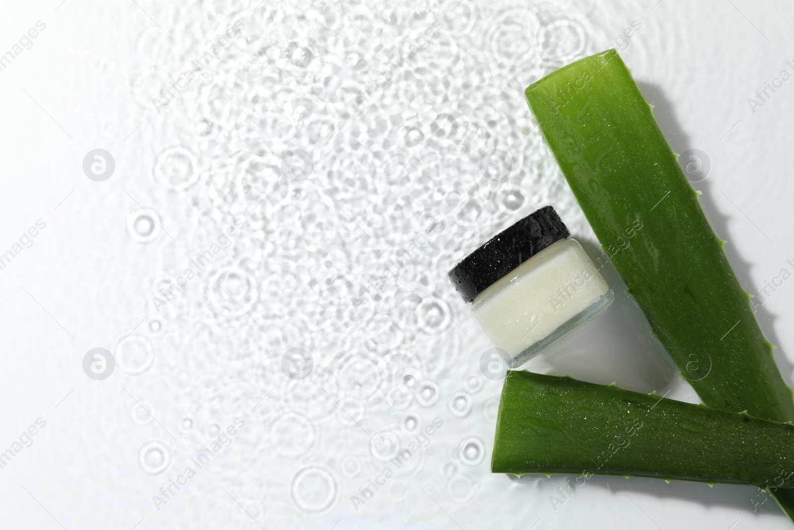 Photo of Jar of cosmetic product and aloe leaves in water on white background, flat lay. Space for text