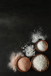 Photo of Different types of organic salt in bowls on black table, flat lay. Space for text