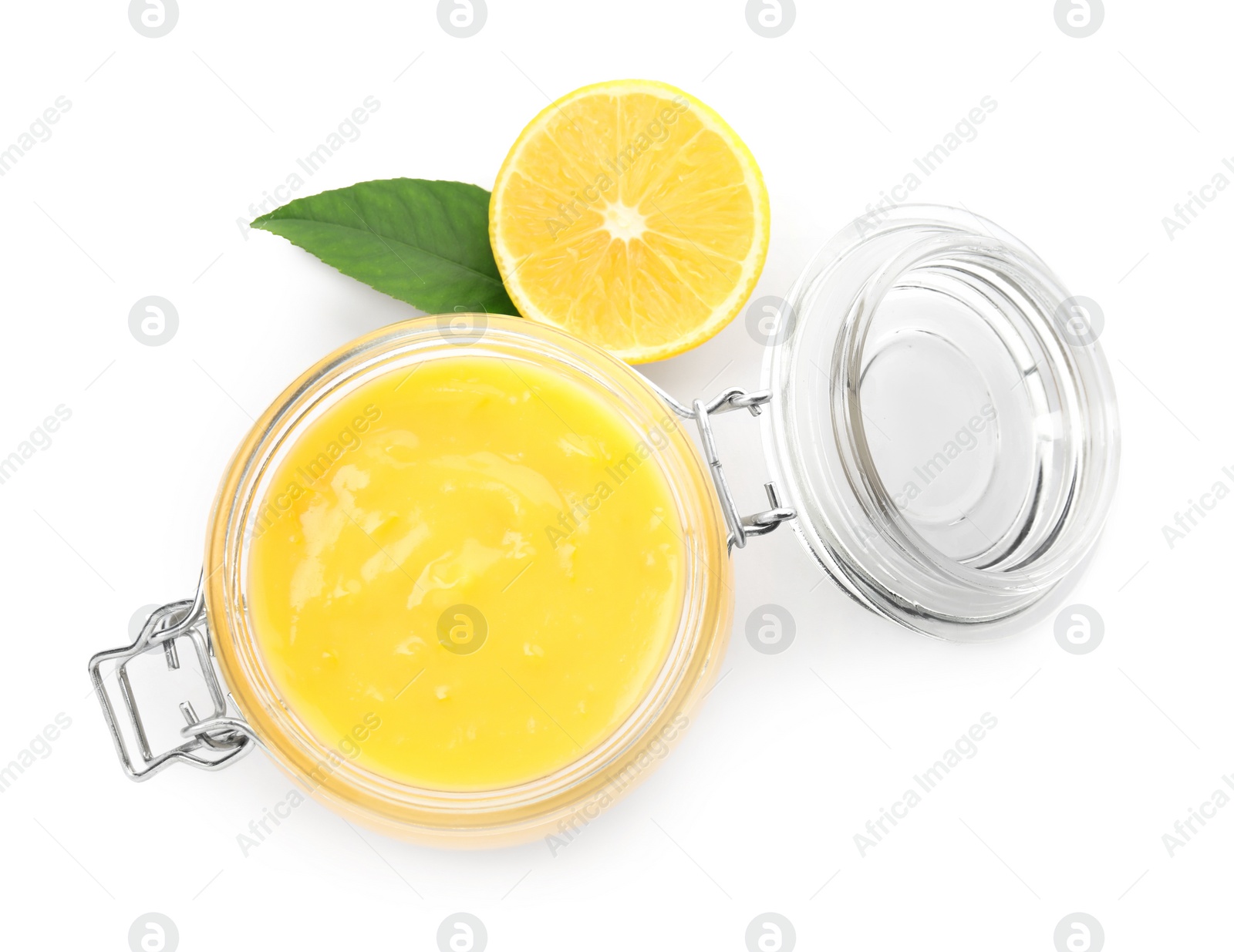 Photo of Delicious lemon curd, green leaf and fresh fruit on white background, top view