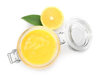 Delicious lemon curd, green leaf and fresh fruit on white background, top view