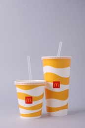 MYKOLAIV, UKRAINE - AUGUST 12, 2021: Cold McDonald's drinks on light background