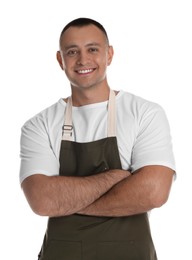 Portrait of happy young waiter in uniform on white background