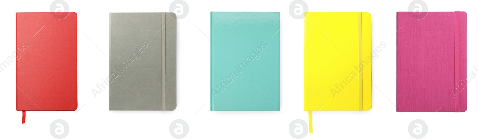 Image of Set with stylish colorful notebooks on white background, top view. Banner design