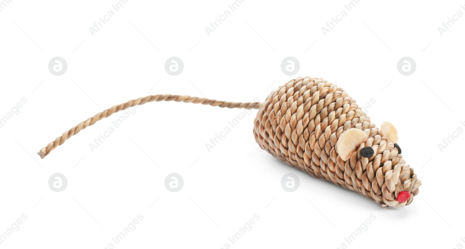 Photo of Straw mouse for cat on white background. Pet toy