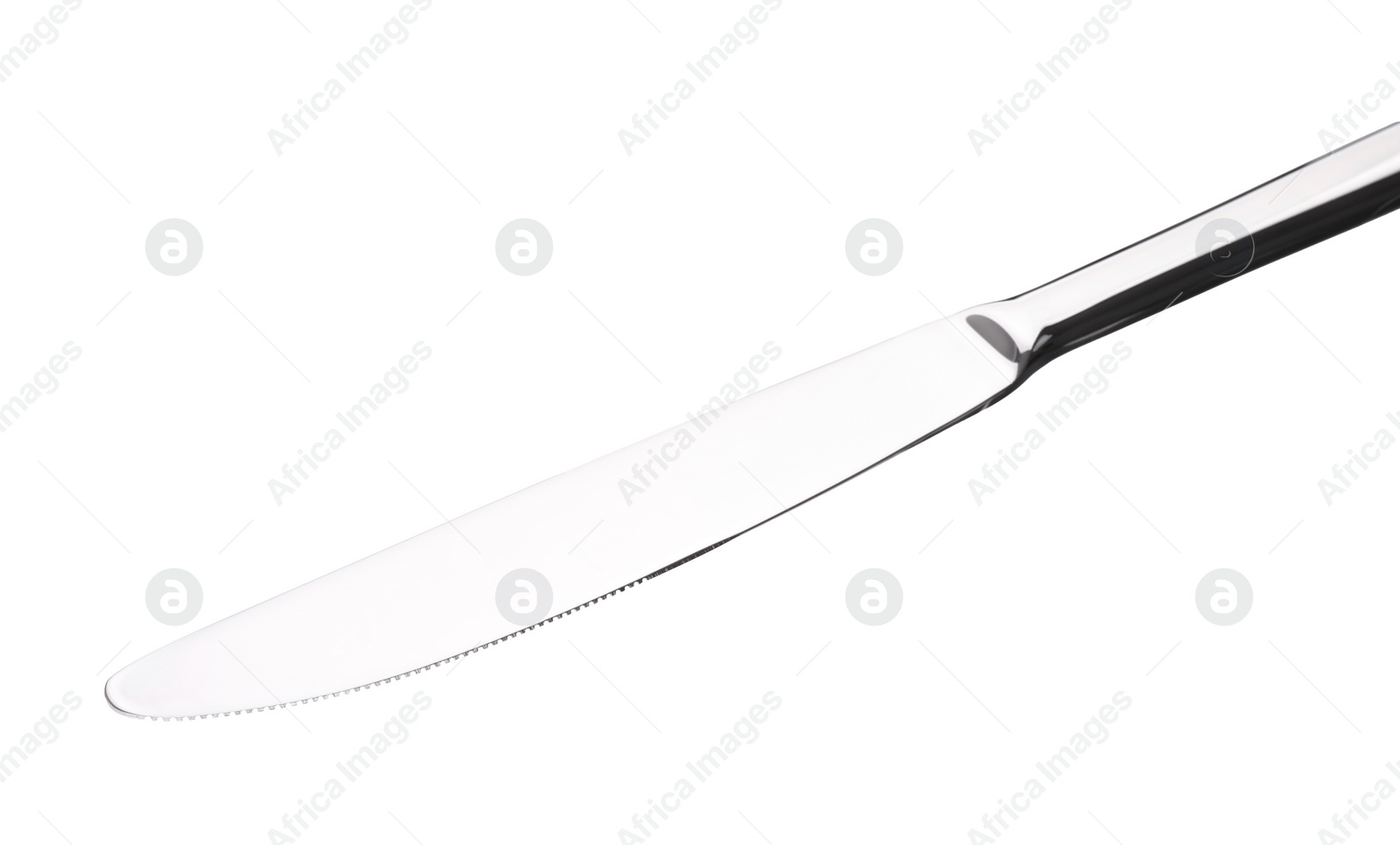 Photo of One silver knife isolated on white. Piece of cutlery