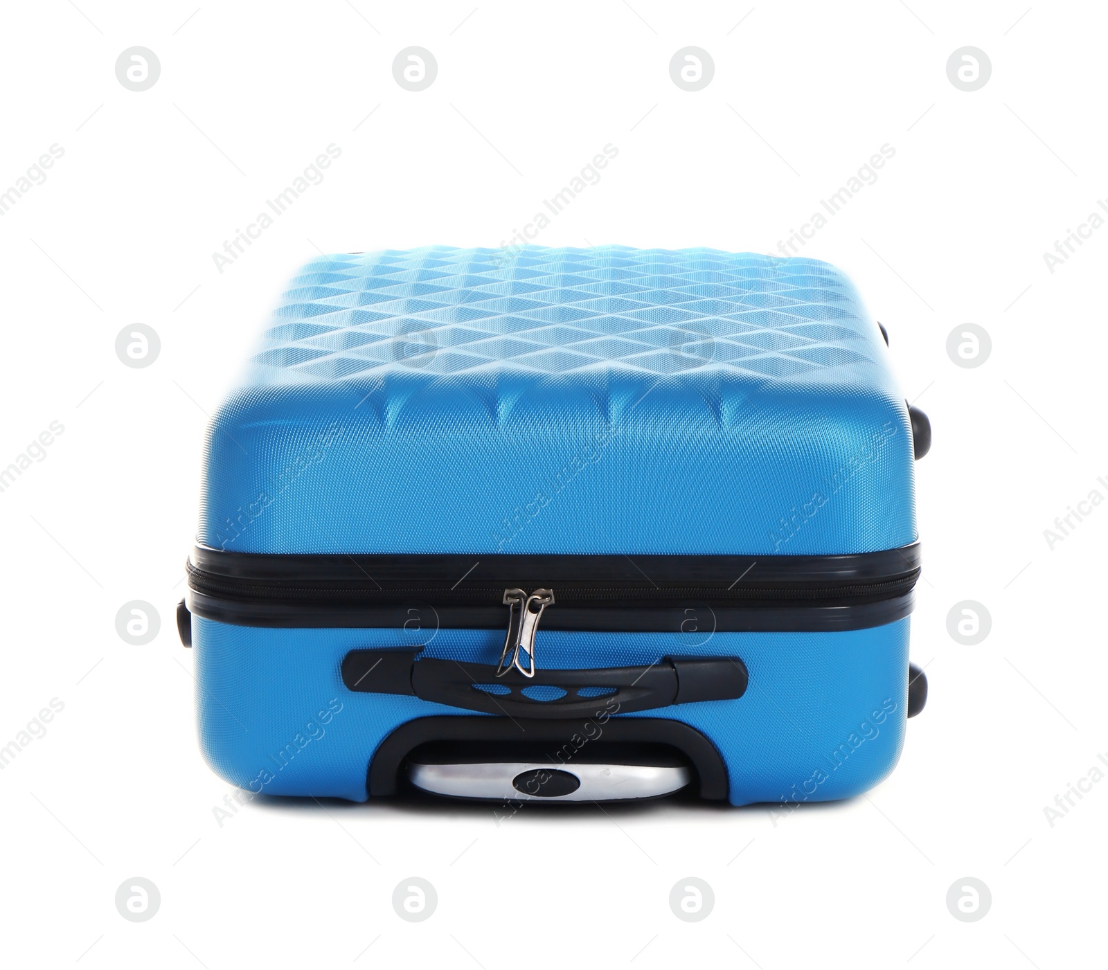 Photo of Blue suitcase for travelling on white background