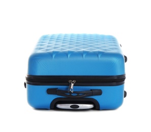 Photo of Blue suitcase for travelling on white background