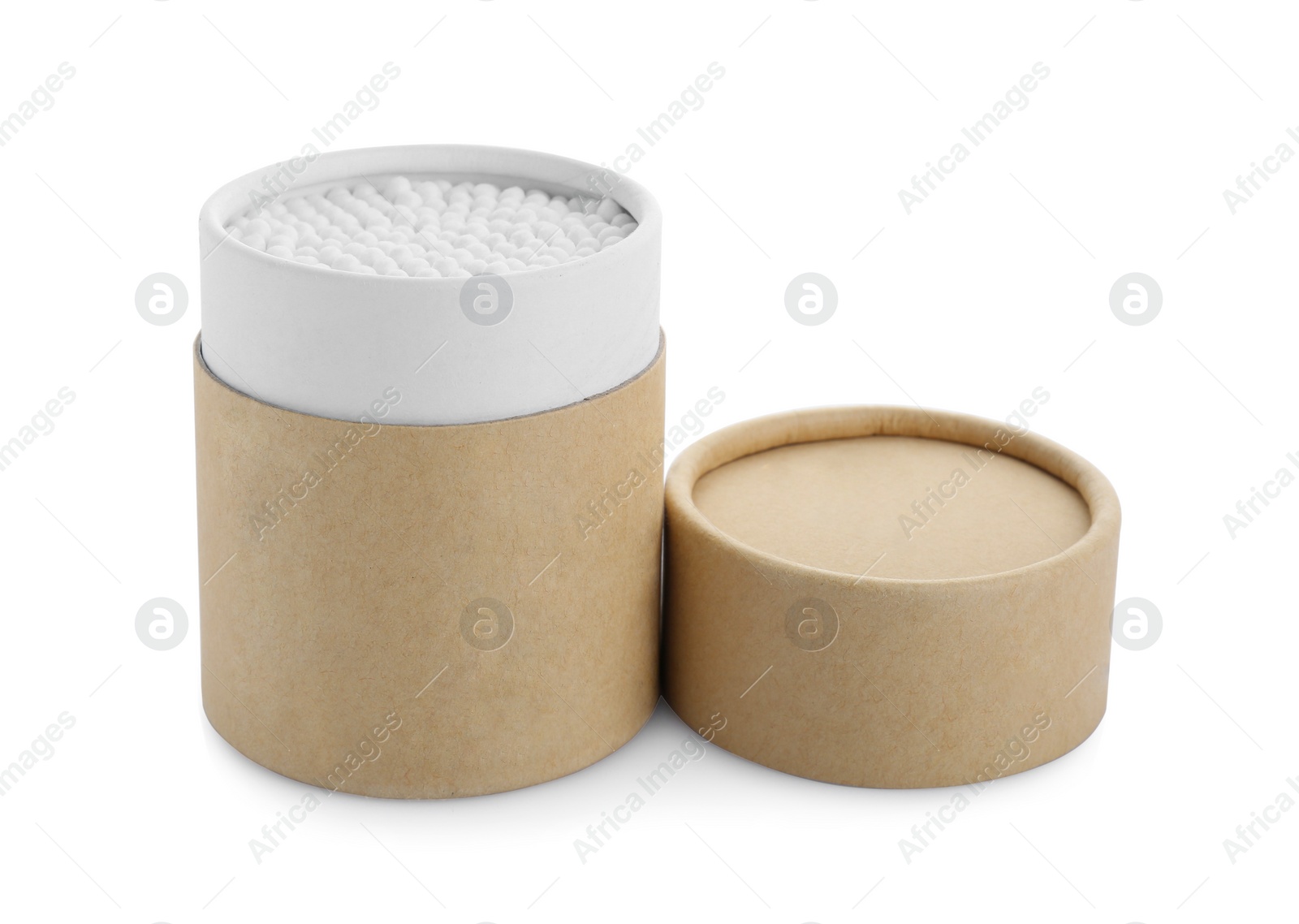 Photo of Container with new cotton buds isolated on white