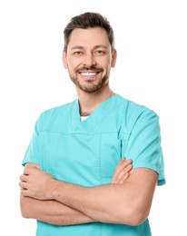 Photo of Doctor or medical assistant (male nurse) in uniform on white background