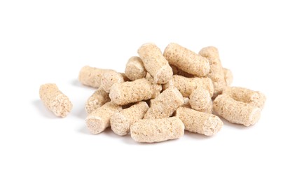 Photo of Pile of granulated wheat bran on white background